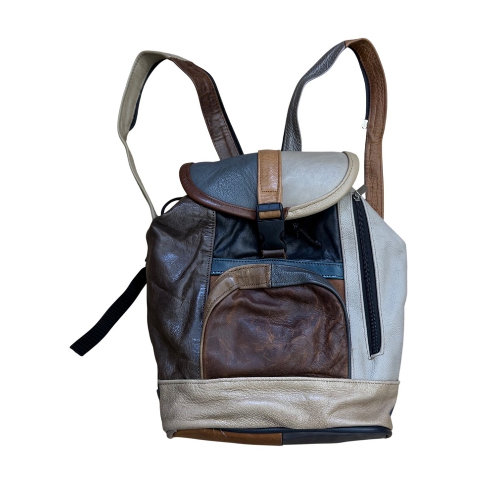 Vintage Leather Patchwork Backpack Convertible Zip Sling Bag Colorblock Brown